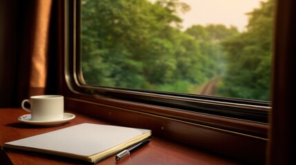 Tranquil train journey with a cup of coffee, a notebook, and lush greenery outside the window
