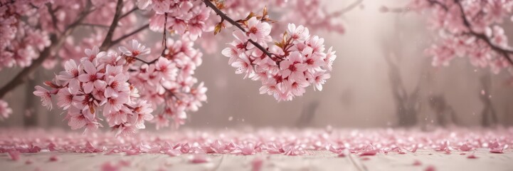 Fototapeta premium Delicate pink sakura petals softly descend against a blurred, dreamy background , petals, aesthetic