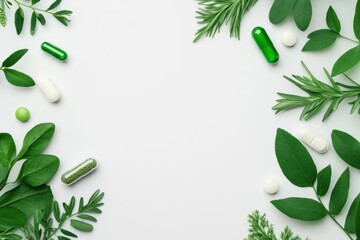 Flat lay of natural supplements for arthritis, on white background with green herbal accents. Herbal supplements and green pills arranged with fresh leaves on a white background, natural health