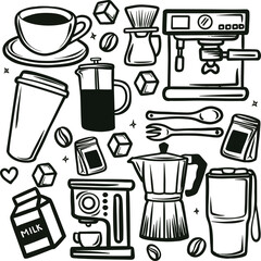 Trendy hand-drawn doodle illustration combining coffee culture and modern lifestyle. Features coffee cups, mugs, beans, café icons, stick figures enjoying coffee, perfect to café branding, coffee shop