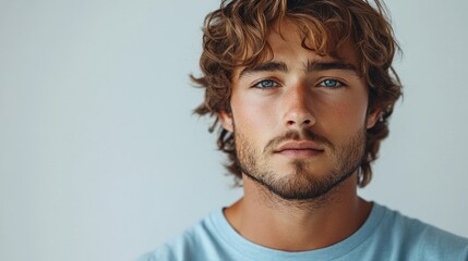 Fototapeta premium Portrait of a Young Man with Curly Hair and Blue Eyes