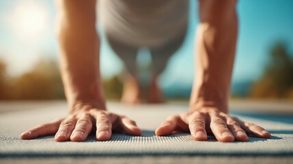 Close-up of a person's hands in a plank position, focusing on strength and balance during outdoor yoga session.