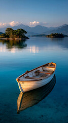 Obraz premium Serene lake with boat and mountains