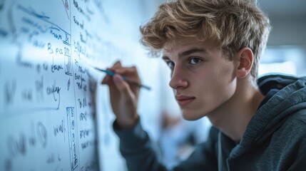 A focused young boy writes complex equations on a digital board, illuminated by a soft blue light, symbolizing intelligence, curiosity, and a passion for learning.