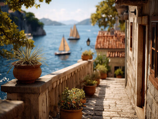 Fototapeta premium Serene Mediterranean Coastal Vista from a Stone Path