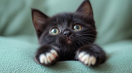 Adorable Black Kitten on Teal Fabric