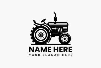 Simple black and white silhouette of a vintage tractor with large wheels on a clean white background. Agriculture concept