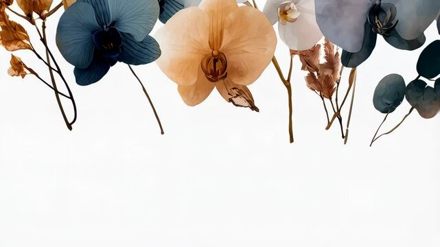 Elegant watercolor floral arrangement featuring various orchids, pampas grass, and eucalyptus leaves on a clean white background.