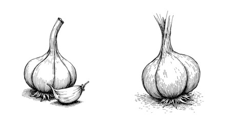 Vintage black ink sketch of garlic bulb with cloves in close-up view  