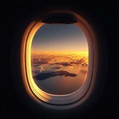 Captured from an airplane window, the photograph showcases a breathtaking sunrise over a body of water with islands below the clouds.