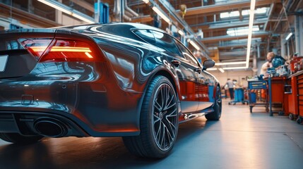 A sleek, black luxury car gleams in the auto repair shop, reflecting lights. Mechanics work in the background, tools in hand.