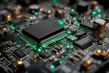Illuminated microchip circuit board, reflecting futuristic computation technology