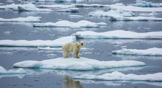 A large polar bear, on a melting ice floe, hunts its prey.