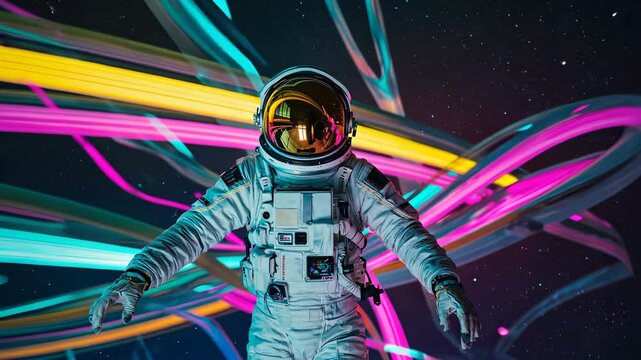 Astronaut in the fourth dimension. Neon surroundings and bright stripes motion video