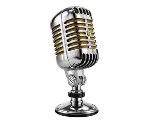 Fototapeta premium Vintage microphone with shiny chrome finish, featuring classic design and sturdy base. This iconic audio equipment is perfect for recording and performance, evoking sense of nostalgia
