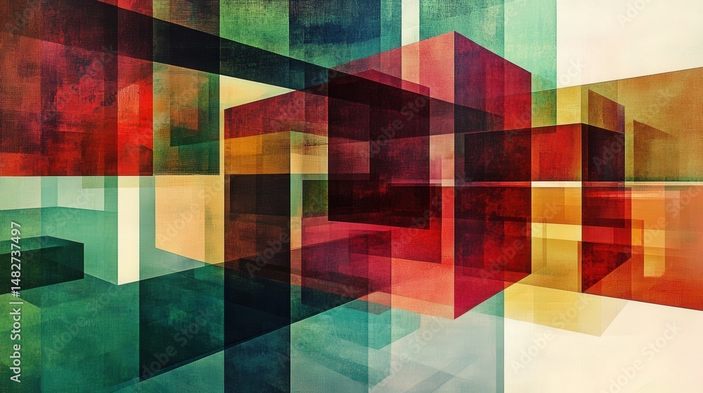 Poster colorful, semi-transparent squares layered on top of each other in a rhythmic pattern