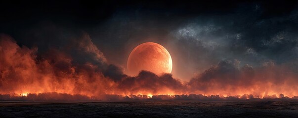 Red moon behind black clouds above dark smoky flames concept. Stunning sunset with a fiery sky and glowing moon.