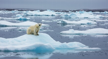 A large polar bear, on a melting ice floe, hunts its prey.