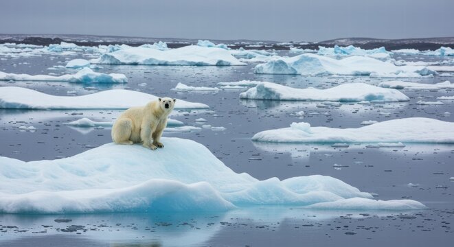 A large polar bear, on a melting ice floe, hunts its prey.