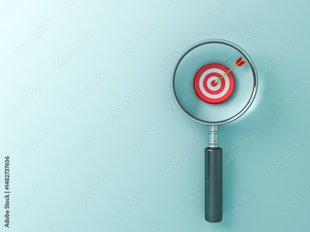 Leinwandbilder magnifying glass focus on goal target dartboard market business creative idea concepts isolated on c