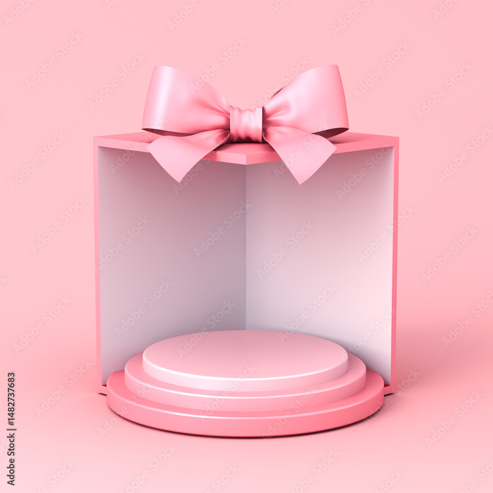 Poster blank round podium pedestal in sweet exhibition booth gift box corner product display mockup showcas