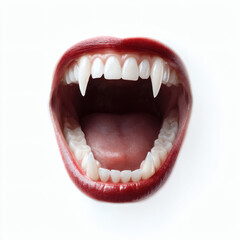 An open mouth revealing vampire fangs and red lips, perfect for a spooky halloween scene.