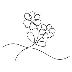 Minimalist continuous line drawing of two blooming flowers with leaves on stems