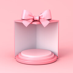 Blank round podium pedestal in sweet exhibition booth gift box corner product display mockup showcase stand with pink pastel color ribbon bow on light pink background minimal concept 3D rendering