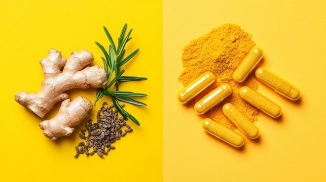 Ginger root, rosemary, and cumin seeds beside turmeric powder and capsules, styled on a yellow background, concept of herbal health supplements.