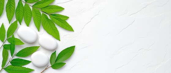 Fresh green leaves and smooth white stones against a textured white background
