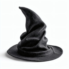 A classic black witch hat, ready for halloween, stands out against a pristine white background.