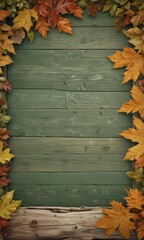 Obraz premium Antique green wood sign, fall leaves border on log , fall leaves border, wood, farmhouse