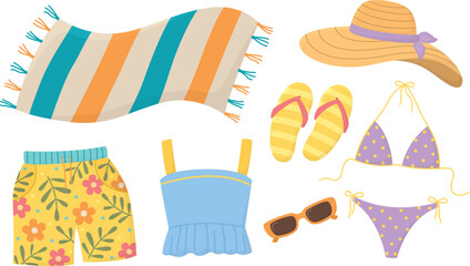 Set of summer clothes and accessories isolated on white background. Hat, towel, swimsuit, top, flip-flops, sunglasses, shorts 