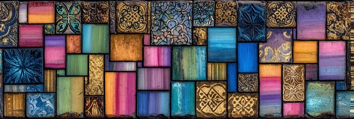 A vibrant multicolored mosaic tile texture with artistic geometric patterns perfect for backgrounds, designs, and decorative projects.