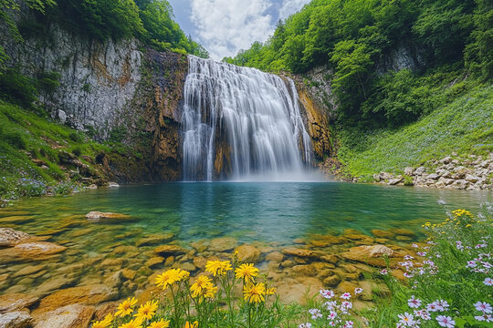 A majestic waterfall cascading down a rocky cliff into a crystal-clear pool surrounded by lush greenery and wildflowers.
