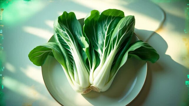 A whole head of bok choy displayed on a white plate.