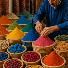 Traditional Moroccan Spice Market with Vibrant Colorful Baskets