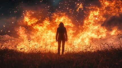Fototapeta premium Epic fire blaze action open field cinematic scene nighttime environment dramatic viewpoint survival concept