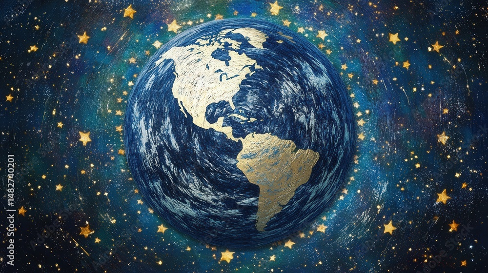 Poster global-themed background with images of continents arranged in a circular layout, surrounded by star