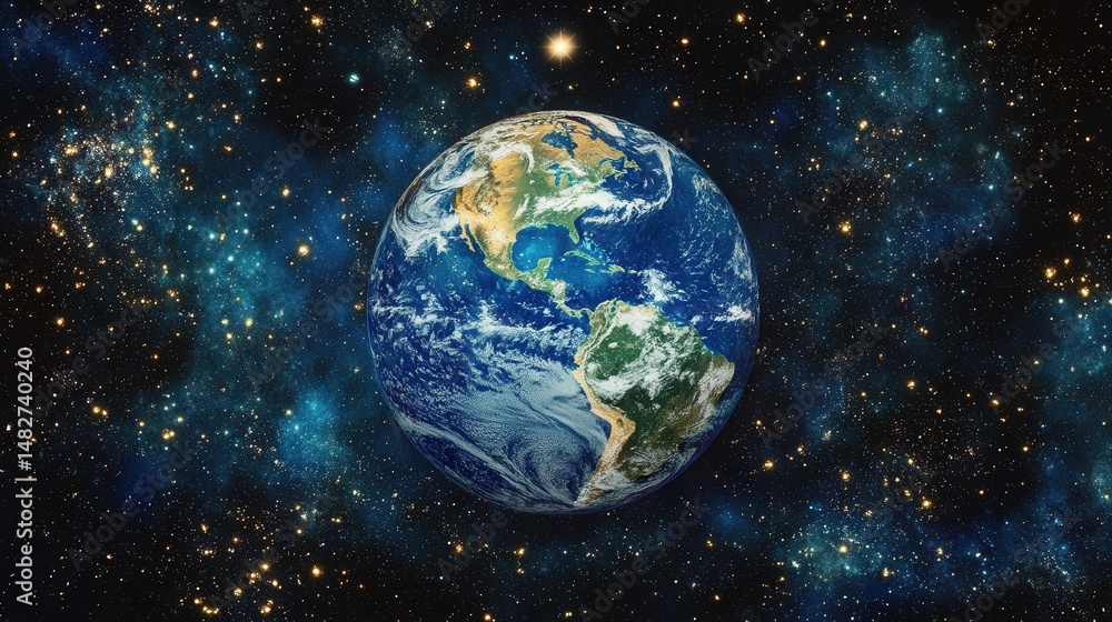 Poster global-themed background with images of continents arranged in a circular layout, surrounded by star