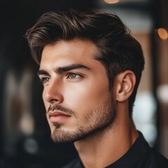 Obraz premium Handsome Man Portrait Stylish Hair Brown Eyes Male Model Fashion Photography Studio Lighting guy men