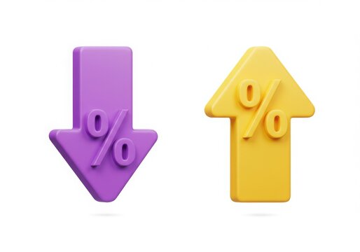 Purple downward arrow and yellow upward arrow with percentage signs on white