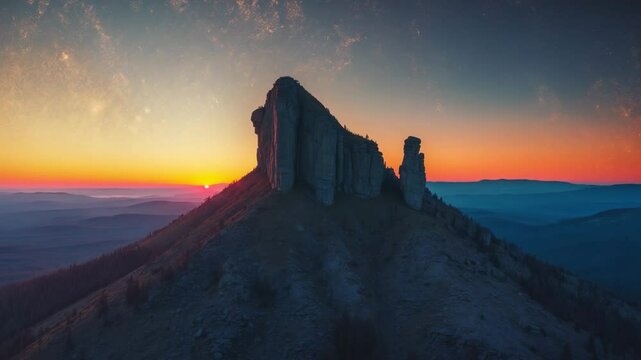 Majestic monadnock seen from above at sunset with striking formations.