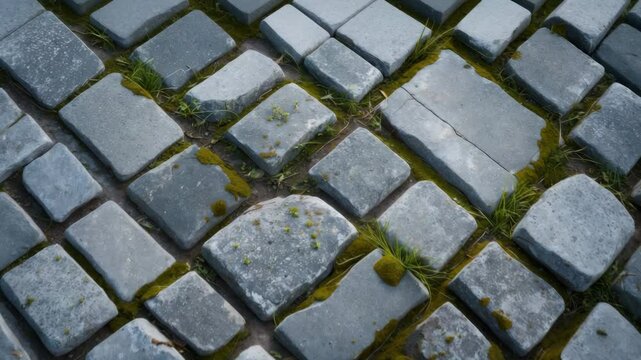 Paved road seen from above, with grass emerging in the spaces between tiles