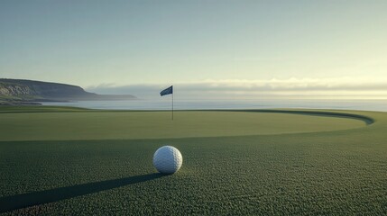 golf ball lying on an immaculate putting green, with the flag in the hole swaying gently in the breeze, surrounded by calm scenery
