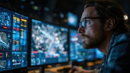 A male cybersecurity professional reviews live data feeds, adjusting firewall settings to protect sensitive data from cyberattacks.