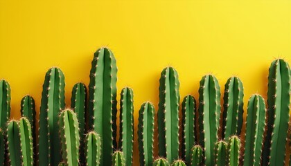 A group of green cactus plants against a bright yellow background