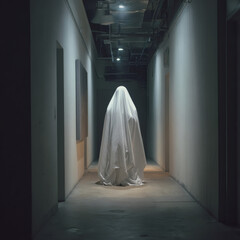 A ghostly figure draped in white stands in a dimly lit hallway, creating a spooky atmosphere.
