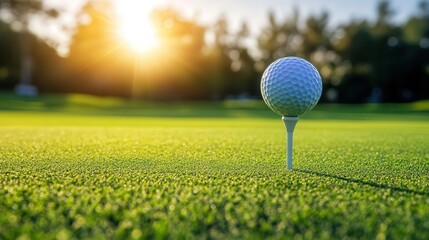golf ball perfectly balanced on a tee, set against a backdrop of bright green grass and a sunlit golf course stretching into the horizon