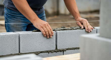 Construction Worker Carefully Laying Gray Concrete Blocks With Mortar for Building a Wall With Blue Jeans Under Bright Daylight